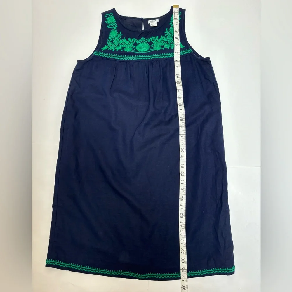 J Crew linen embroidered shift‎ dress, navy and green, with pockets XS, bohemian